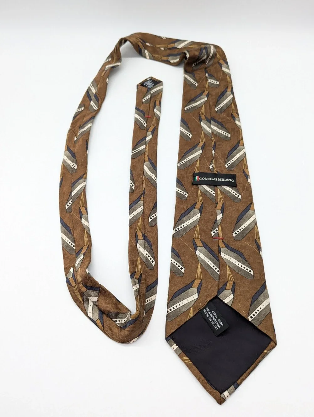 Vintage Conte Di Milano Brown Blue Geometric Abstract Silk Tie